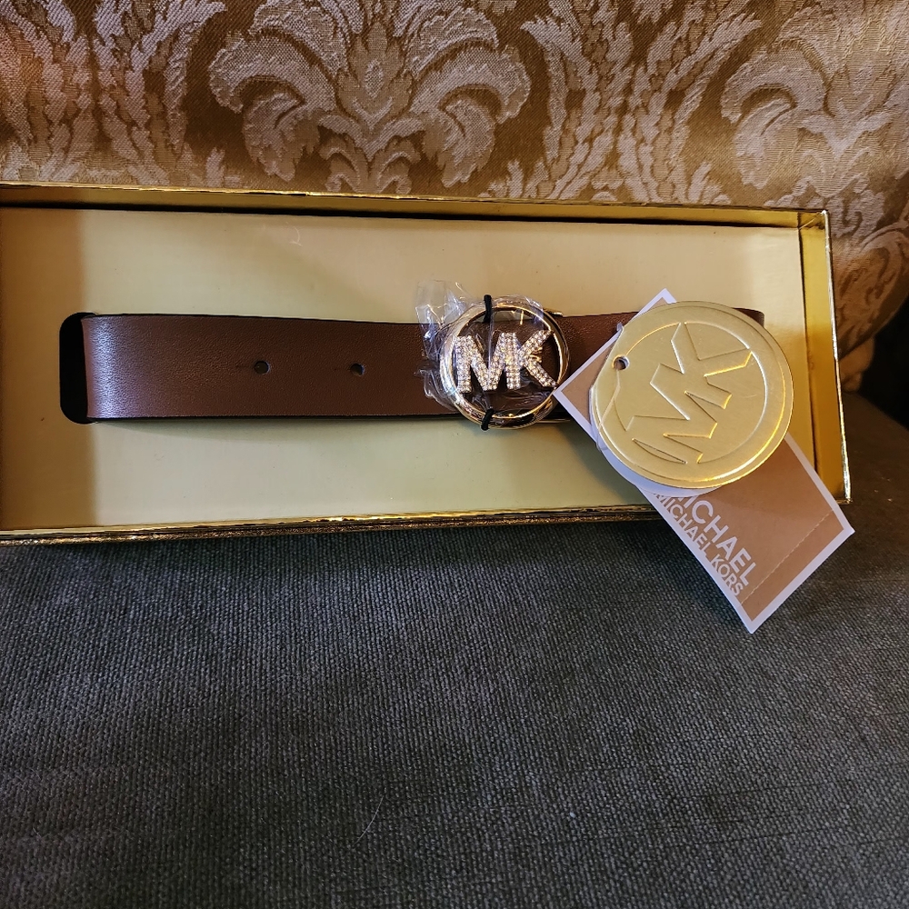 Michael Kors MK Women's 25mm Brown Rhinestone Logo Belt Size S/M